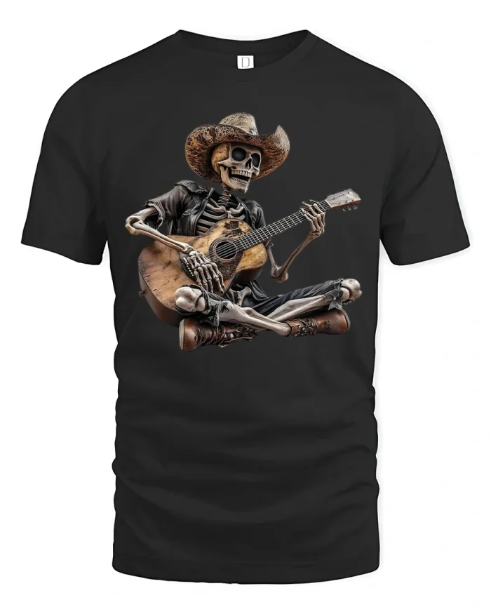 Skeleton Cowboy Playing Guitar Graphic T Shirt - black t-shirt on white background