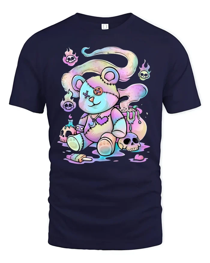 Pastel Goth Creepy Teddy Bear Skull Graphic T Shirt - navy t-shirt on white background