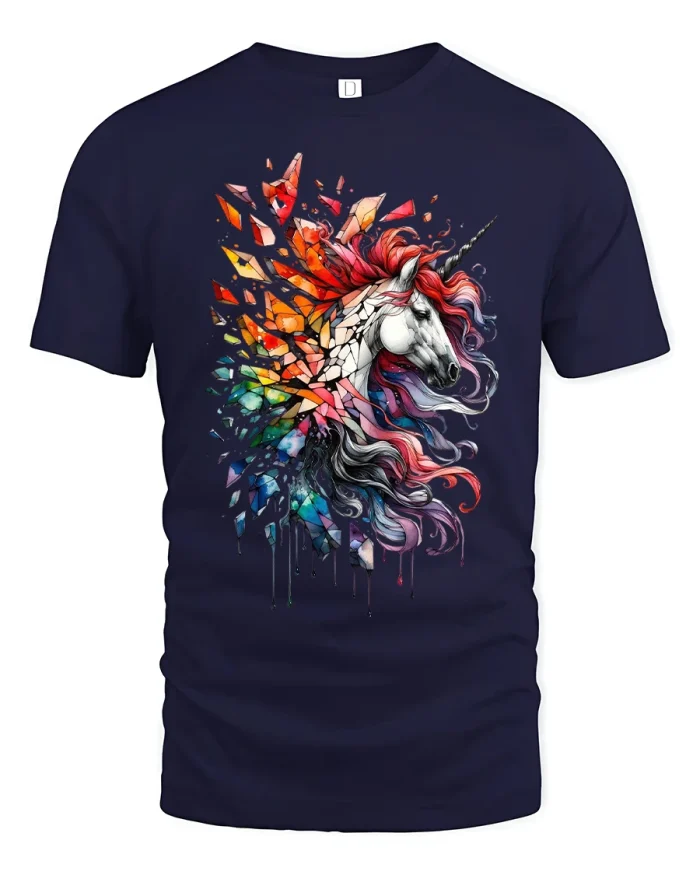 Rainbow Shattered Unicorn Fantasy Art T Shirt - navy t-shirt on white background