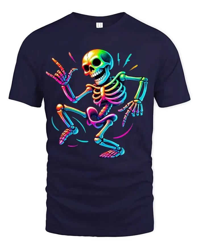 Neon Dancing Skeleton Rock Vibes Graphic T Shirt - navy t-shirt on white background