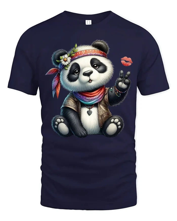 Boho Peace Panda Cute Hippie Graphic T Shirt - navy t-shirt on white background