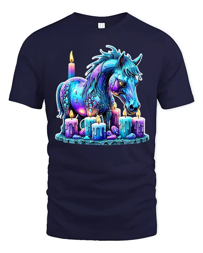 Mystic Neon Unicorn With Candles Fantasy T Shirt - navy t-shirt on white background