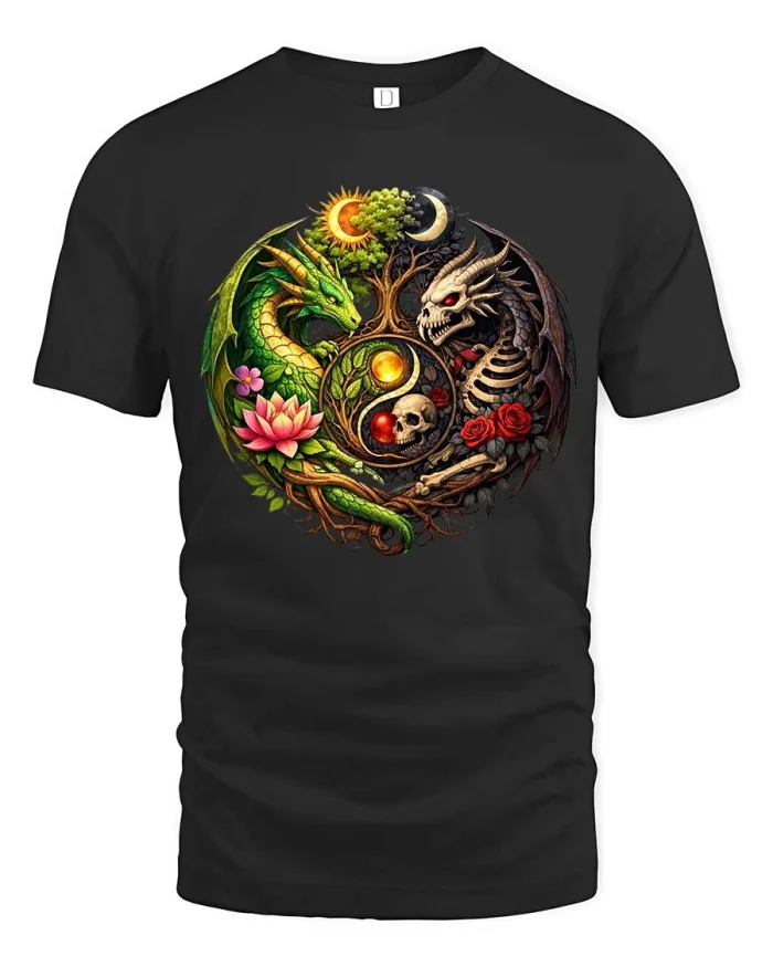 Yin Yang Dragon Skeleton Fantasy Art T Shirt - black t-shirt on white background