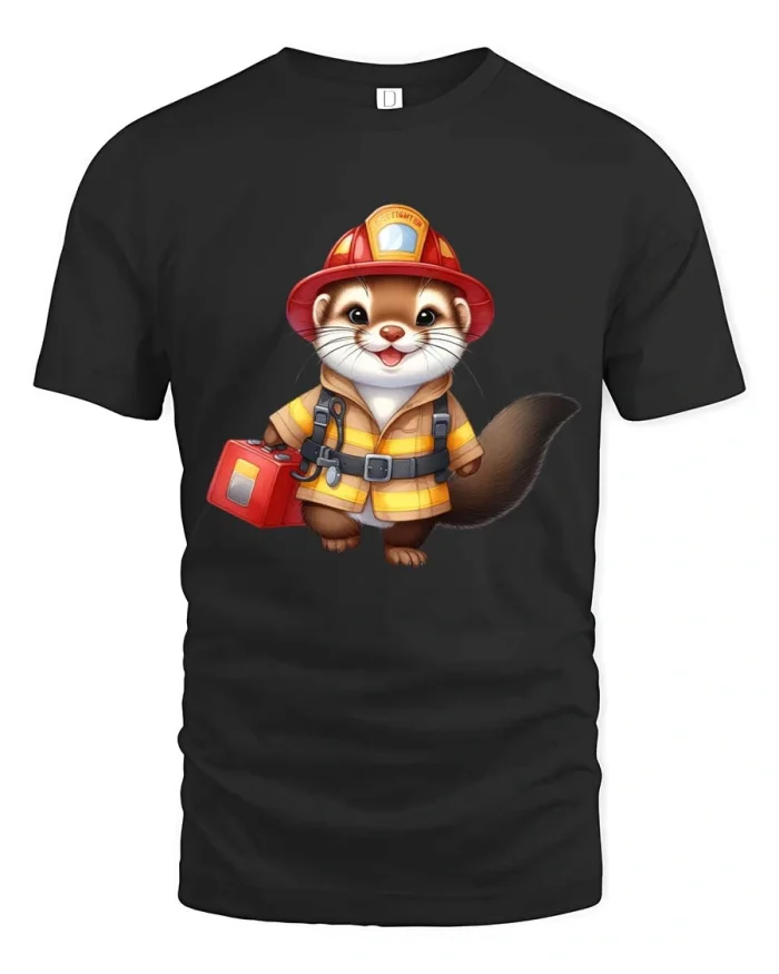 Cute Firefighter Otter Cartoon Graphic T Shirt - black t-shirt on white background