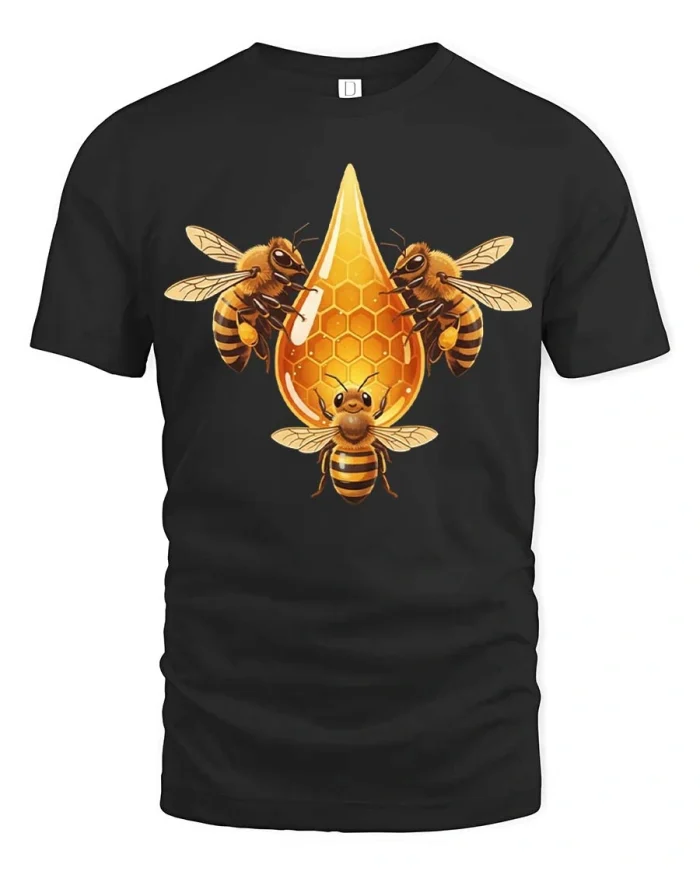 Cute Honey Bee Trio Golden Honeycomb Graphic T Shirt - black t-shirt on white background