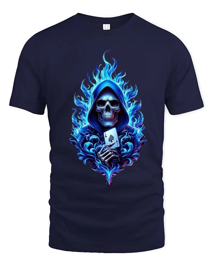 Blue Flame Reaper Poker Graphic T Shirt - navy t-shirt on white background
