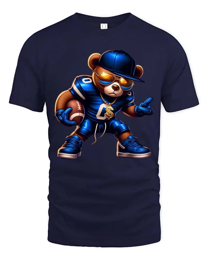 Cool Football Bear Graphic T Shirt - navy t-shirt on white background