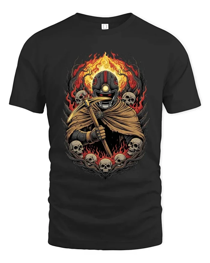 Hellfire Skull Miner Grim Reaper Scythe Graphic T Shirt - black t-shirt on white background