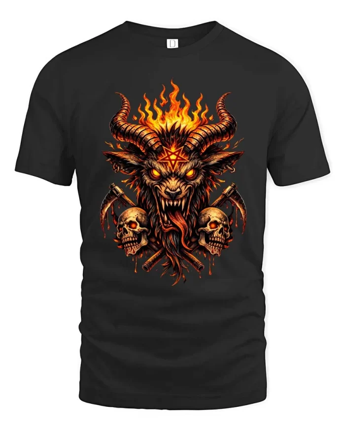 Flaming Demon Goat Skull T Shirt Dark Gothic Devil Graphic - black t-shirt on white background
