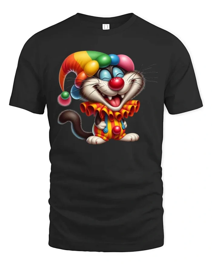 Funny Clown Cat T Shirt Cute Circus Kitty Cartoon Graphic - black t-shirt on white background
