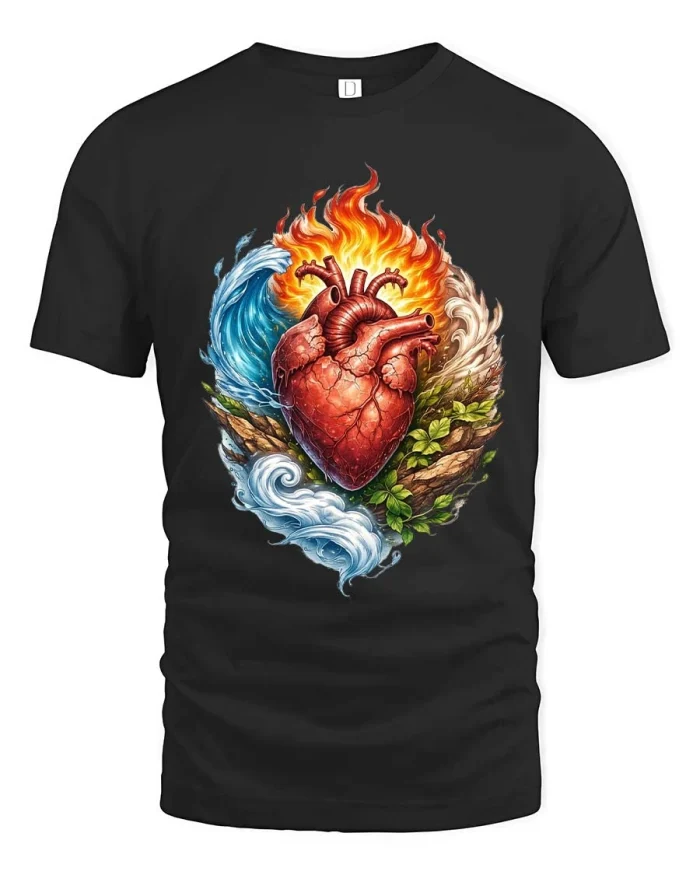 Elemental Heart Fire Water Nature Balance T Shirt Graphic - black t-shirt on white background