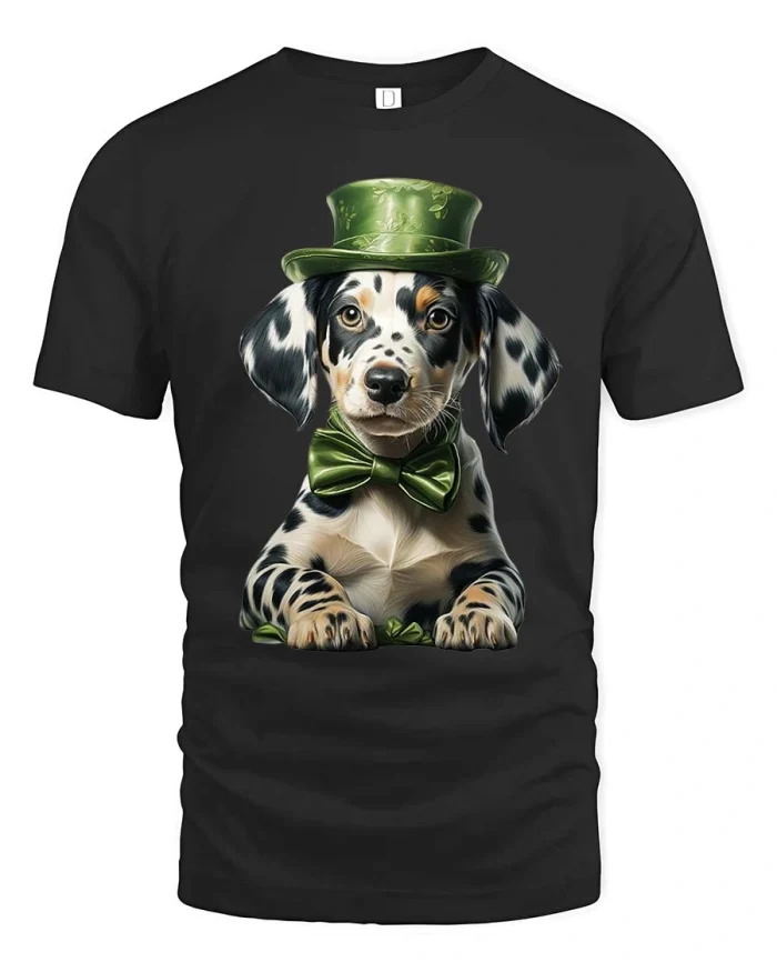 Lucky Dalmatian Dog T Shirt Cute Irish Puppy St Patricks Style - black t-shirt on white background