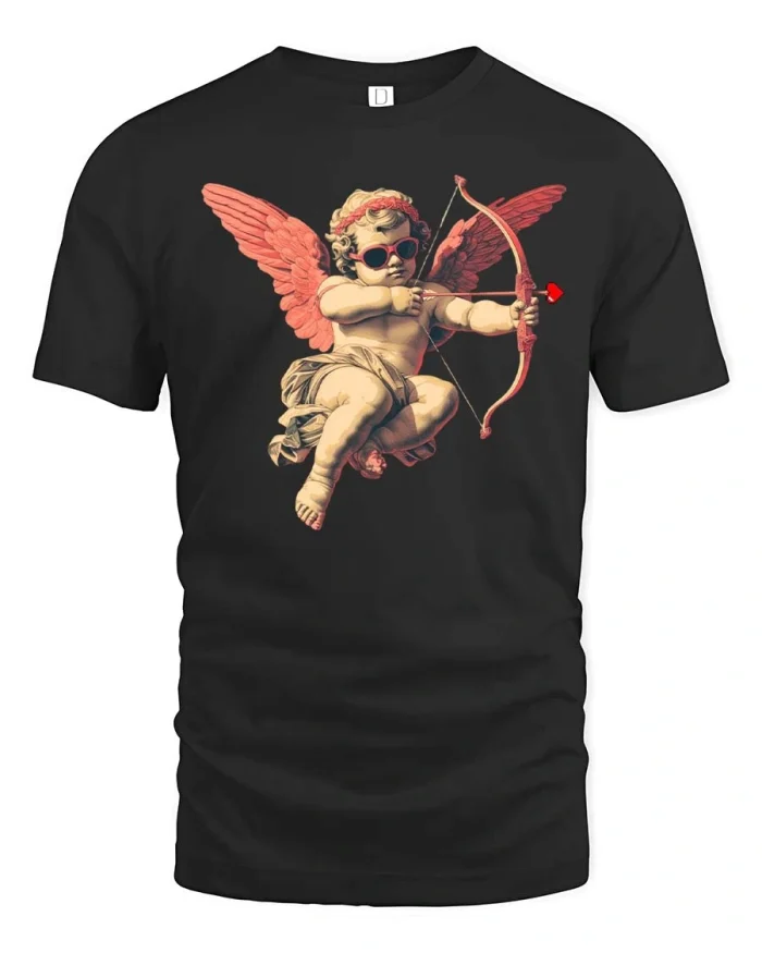 Cool Cupid Angel T Shirt Retro Love Archer With Sunglasses - black t-shirt on white background