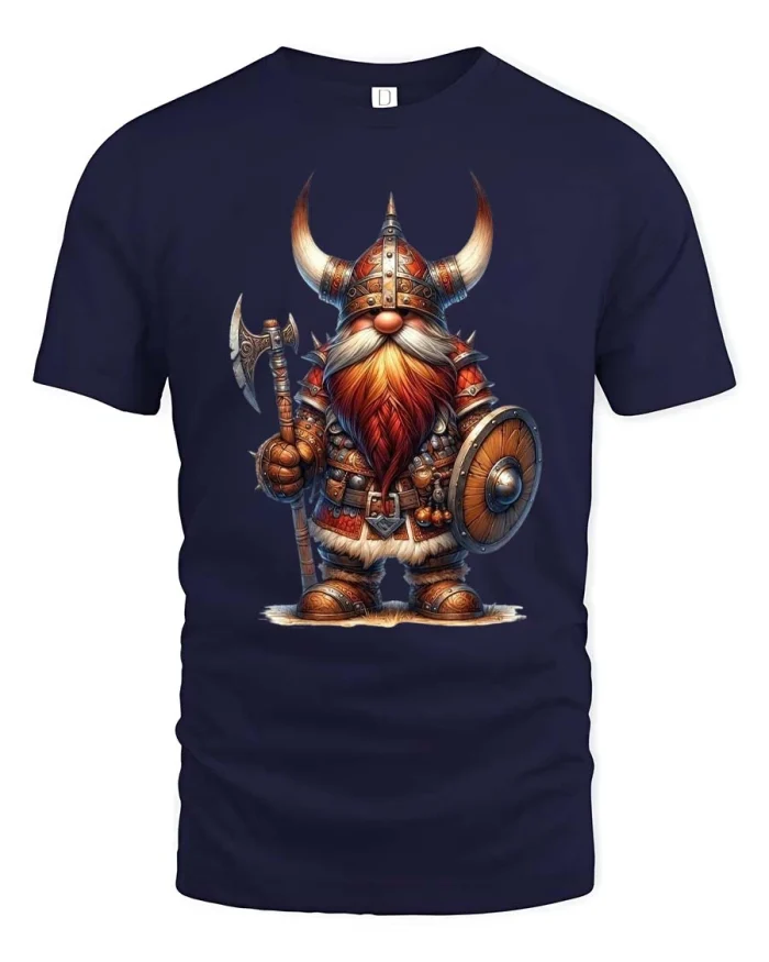 Viking Dwarf Warrior With Axe And Shield Fantasy Graphic T Shirt - navy t-shirt on white background