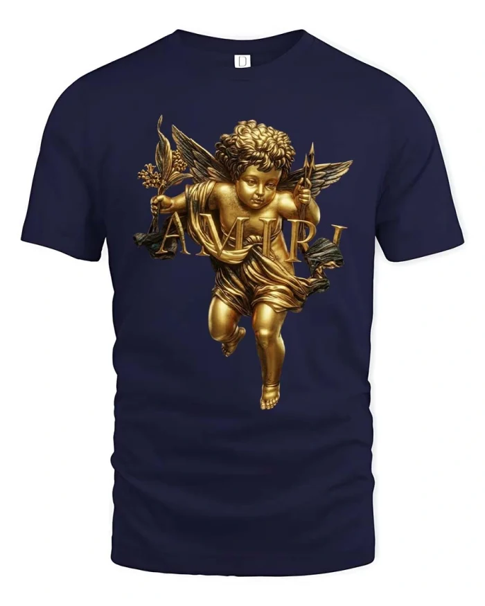Golden Cupid Amiri Style Angel Love Luxury Graphic T Shirt - navy t-shirt on white background
