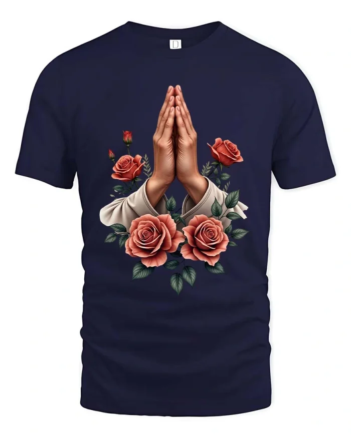 Faith Prayer Hands With Roses Spiritual Floral Graphic T Shirt - navy t-shirt on white background