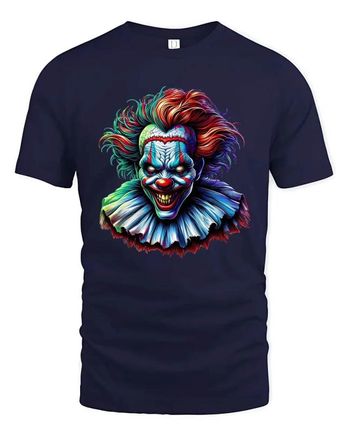 Creepy Neon Evil Clown Horror Graphic Halloween T Shirt - navy t-shirt on white background