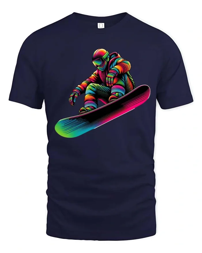 Neon Snowboard Rider Retro Colorful Winter Sports Graphic T Shirt - navy t-shirt on white background