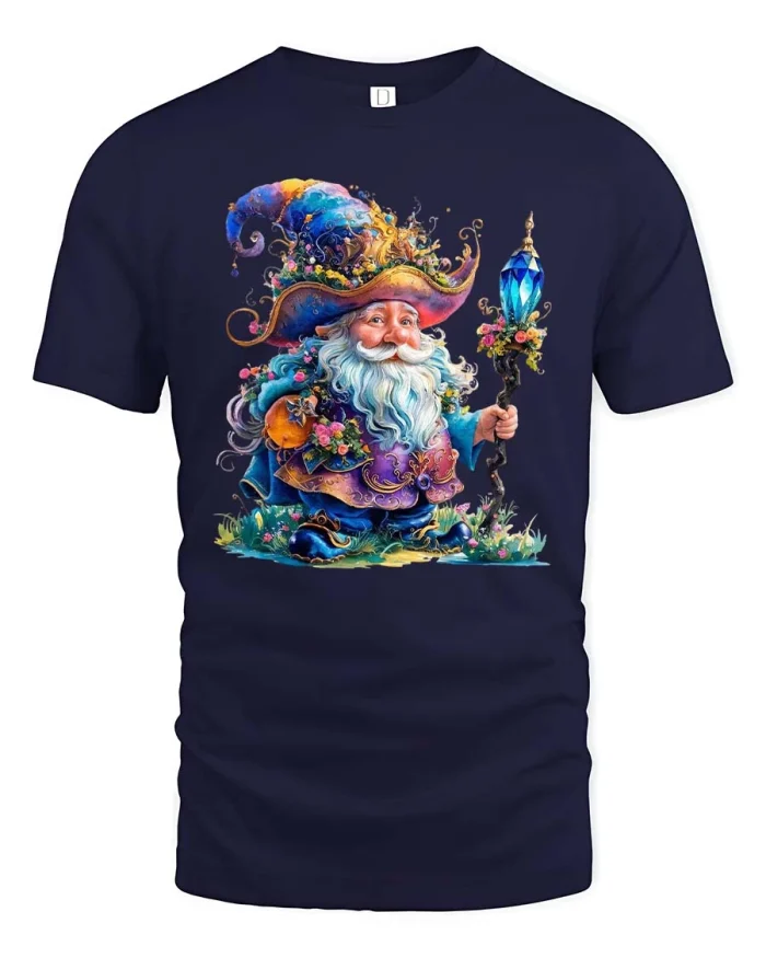 Whimsical Wizard Gnome Holding Magic Lantern Fantasy Tee - navy t-shirt on white background