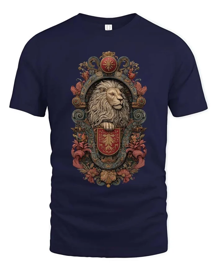 Majestic Heraldic Lion Crest Vintage Royal Graphic Tee - navy t-shirt on white background