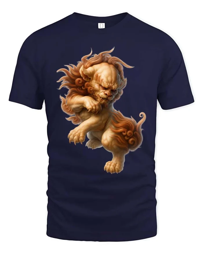 Fierce Mythical Lion Guardian Fantasy Creature Graphic Tee - navy t-shirt on white background