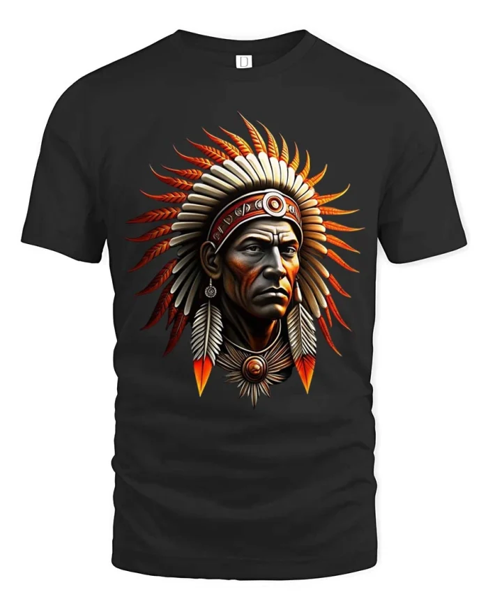 Native American Chief Feather Headdress Graphic T Shirt Art - black t-shirt on white background