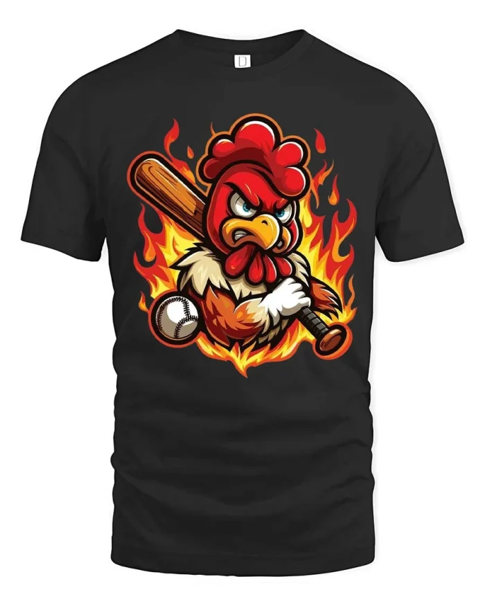 Angry Fire Chicken Baseball Player Funny Sports Graphic Tshirt - black t-shirt on white background