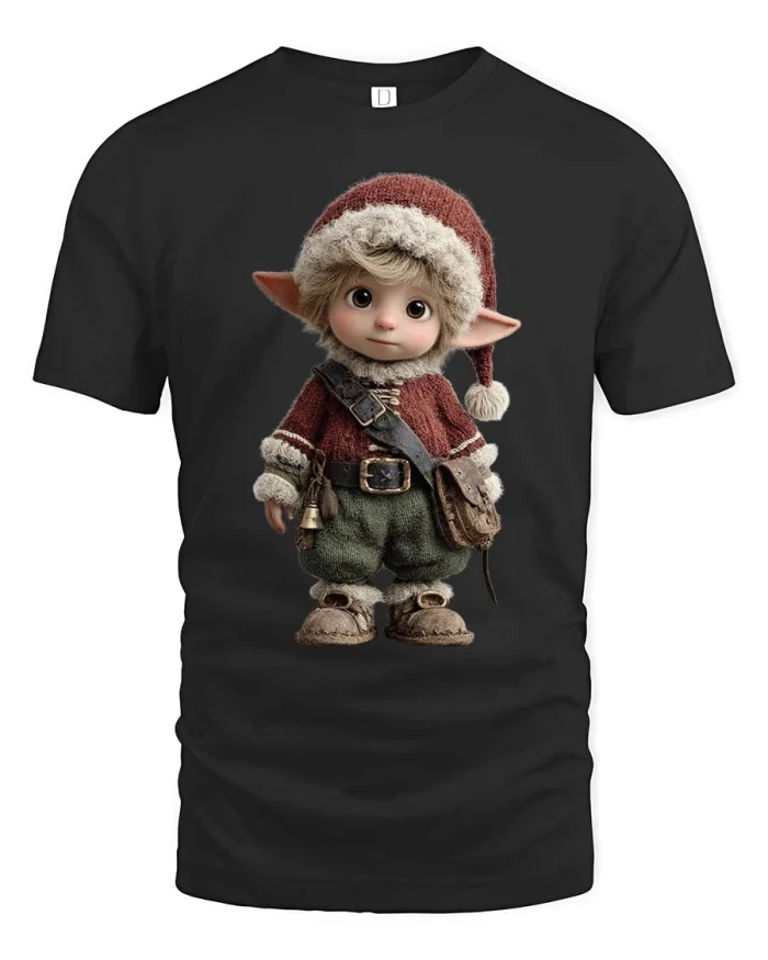 Cute Christmas Elf Character Winter Fantasy Graphic Tshirt - black t-shirt on white background