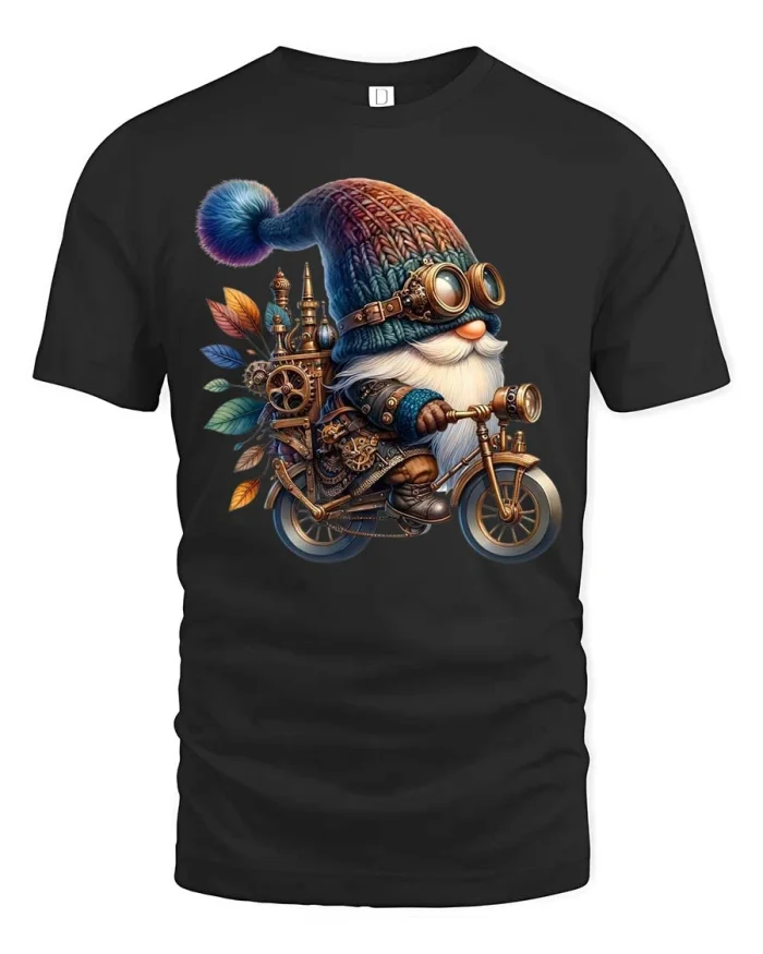 Steampunk Gnome Riding Vintage Bicycle Fantasy Graphic Tshirt - black t-shirt on white background