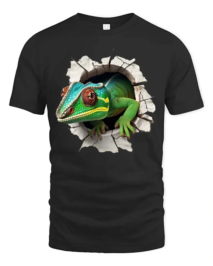 Realistic Gecko Breaking Wall Funny Lizard Graphic Tshirt - black t-shirt on white background