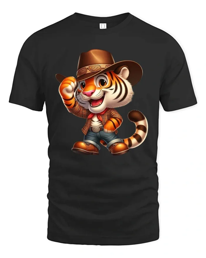 Cute Cowboy Tiger Cartoon Western Rodeo Graphic Tshirt - black t-shirt on white background