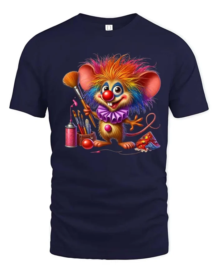 Funny Rainbow Hair Clown Mouse Cartoon Artist Graphic Tee - navy t-shirt on white background