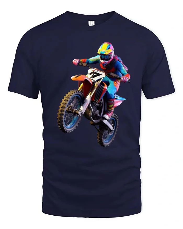 Colorful Motocross Rider Dirt Bike Jump Action Graphic Tee - navy t-shirt on white background