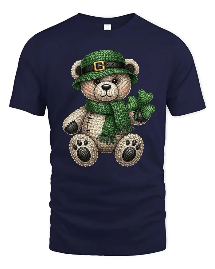 Cute St Patrick Teddy Bear With Clover Graphic Tee - navy t-shirt on white background