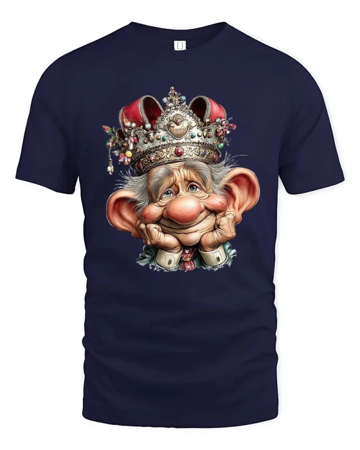 Funny Dreamy King With Crown Cartoon Character Graphic Tee - navy t-shirt on white background