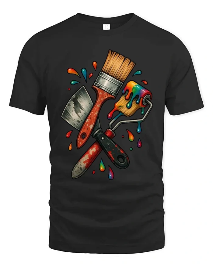 Colorful Painter Tools Brush Roller Knife Graphic T Shirt - black t-shirt on white background