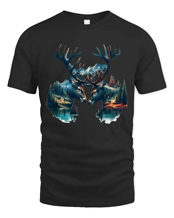 Majestic Deer Mountain Lake Wilderness Nature Graphic T Shirt - black t-shirt on white background