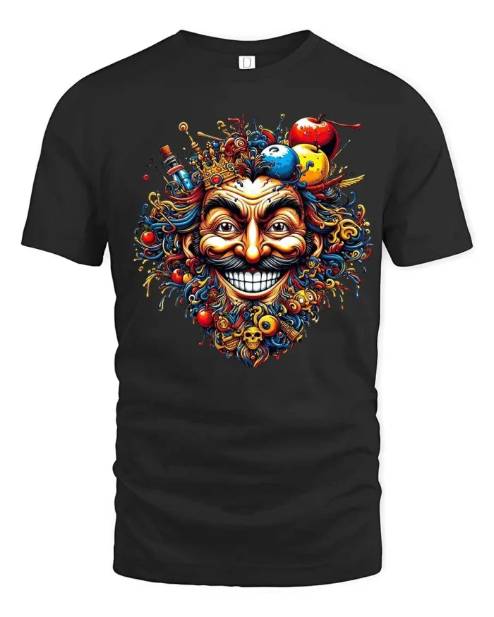 Crazy Whimsical Joker Face Colorful Surreal Art Graphic T Shirt - black t-shirt on white background