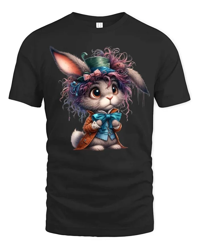 Whimsical Fancy Rabbit With Hat Cute Fantasy Character T Shirt - black t-shirt on white background