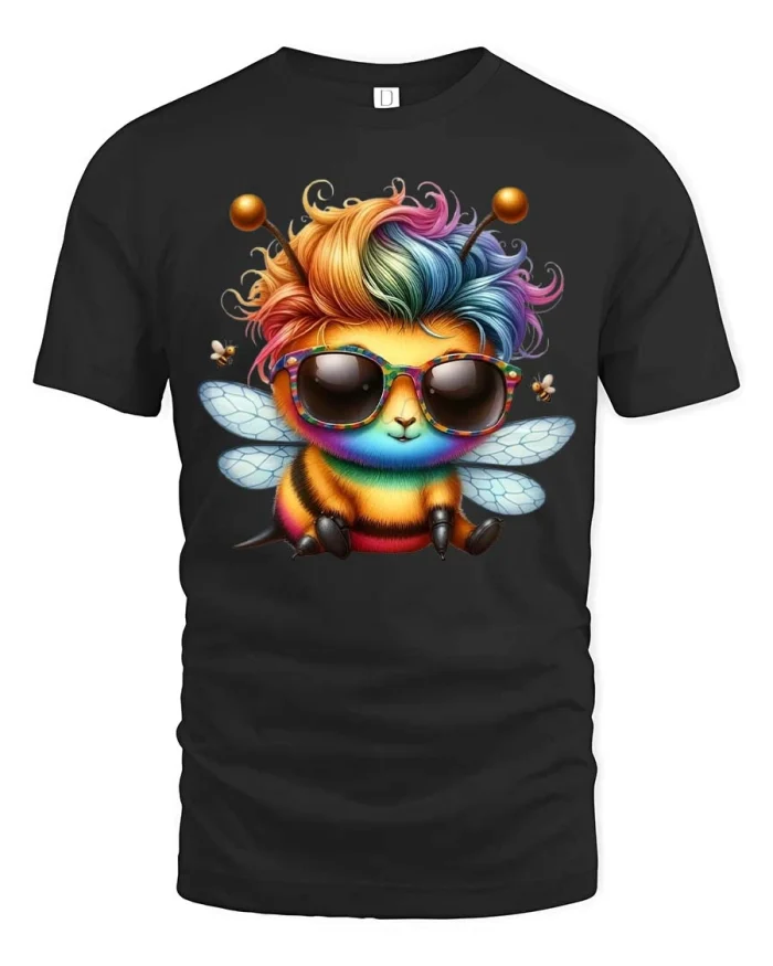 Cool Rainbow Bee With Sunglasses Cute Cartoon Graphic T Shirt - black t-shirt on white background