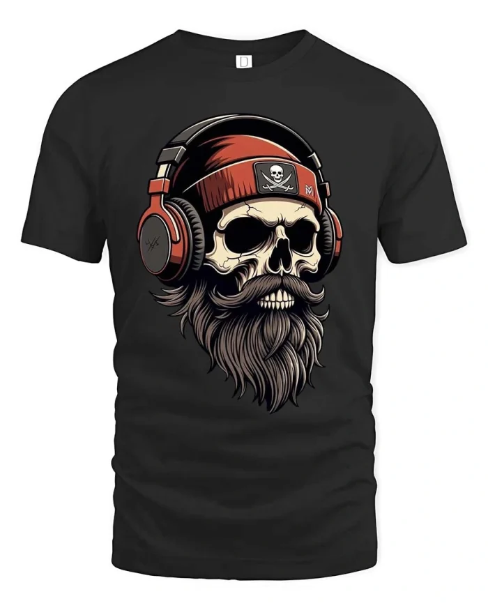 Cool Skull With Headphones Bearded Pirate Style Graphic T Shirt - black t-shirt on white background