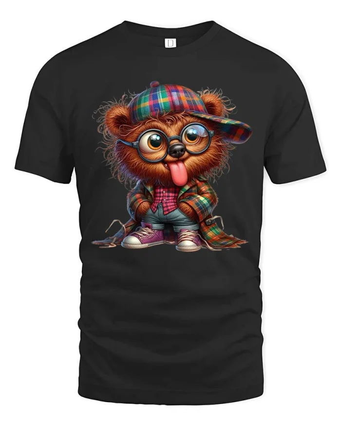 Funny Hipster Bear With Glasses Cute Cartoon Graphic T Shirt - black t-shirt on white background