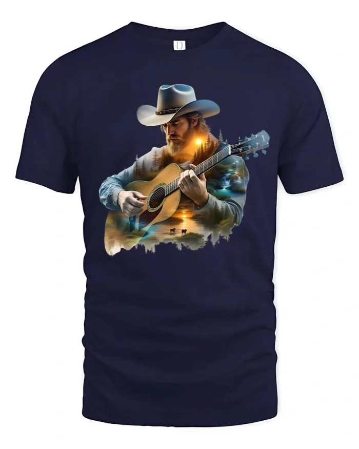 Country Cowboy Playing Guitar Scenic Western Graphic T Shirt - navy t-shirt on white background