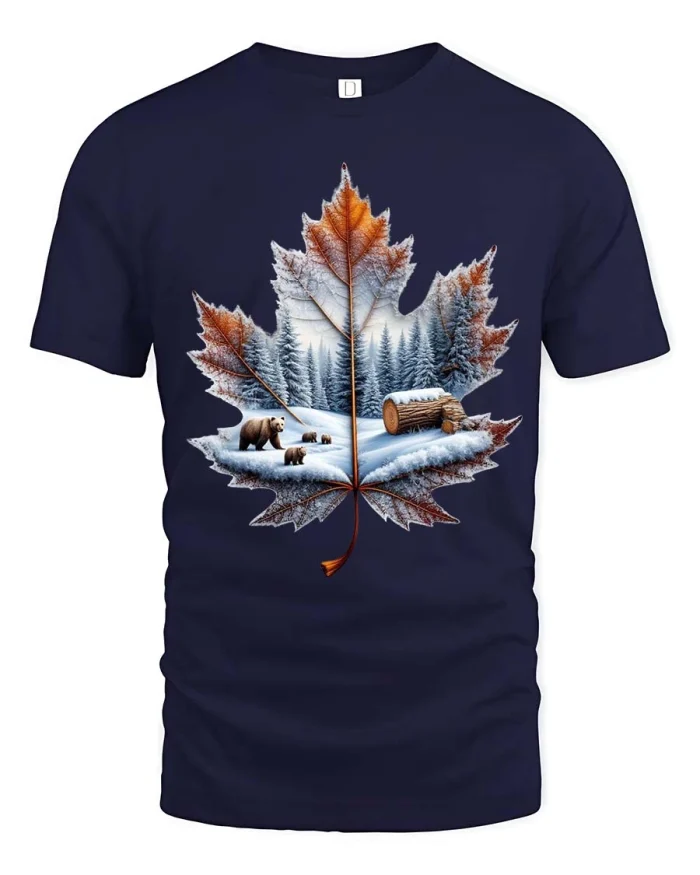 Winter Forest Maple Leaf Bear Wilderness Nature Graphic T Shirt - navy t-shirt on white background