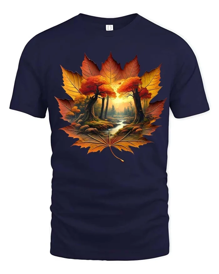 Autumn Maple Leaf Forest River Sunset Nature Graphic T Shirt - navy t-shirt on white background