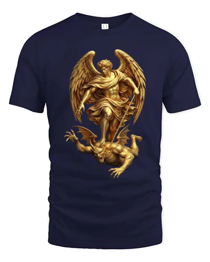 Archangel Warrior Defeating Demon Mythology Graphic T Shirt - navy t-shirt on white background