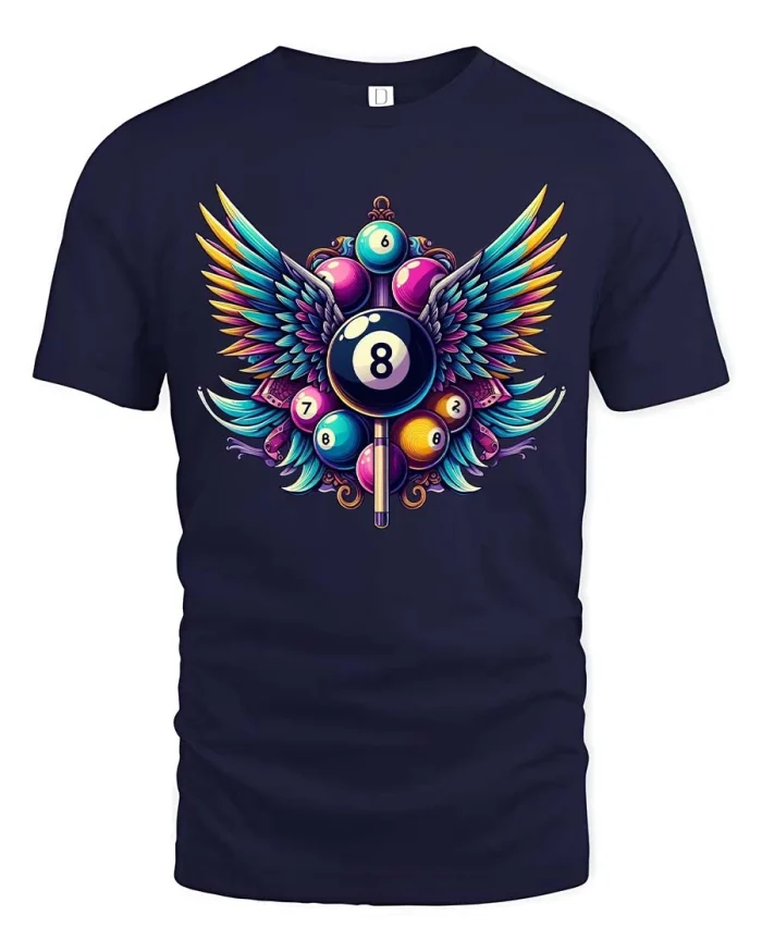 Winged Eight Ball Billiards Pool Player Graphic T Shirt - navy t-shirt on white background