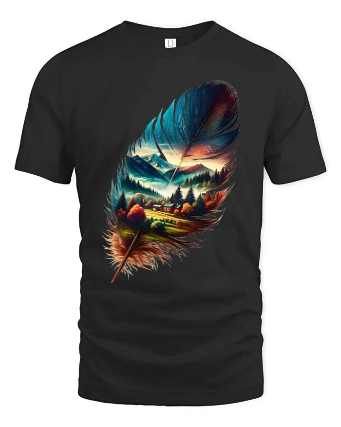 Dreamy Nature Landscape Feather Graphic T Shirt Scenic Art - black t-shirt on white background