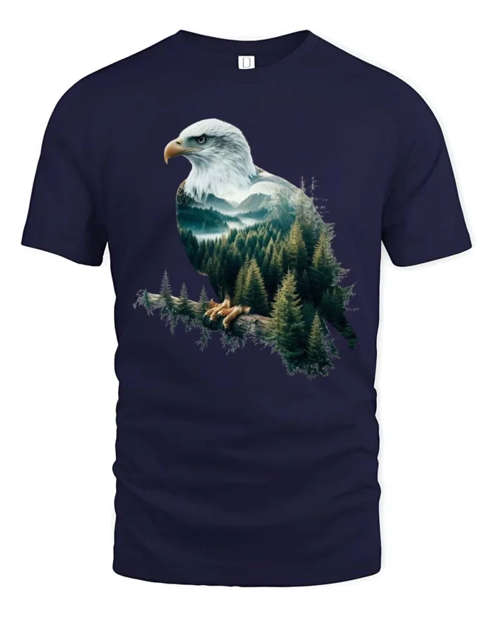 Majestic Bald Eagle Forest Landscape Graphic T Shirt Nature Art - navy t-shirt on white background