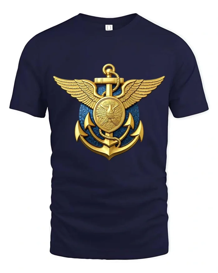 Golden Naval Anchor Wings Graphic T Shirt Maritime Emblem Art - navy t-shirt on white background